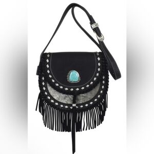 NWT Catchfly Bohemian Western Fringe Crossbody Bag Black  Leather Turquoise